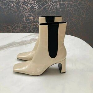 New ZARA Leather Patent Beige High Heel Ankle Boots Bootie Elastic Square toe 7